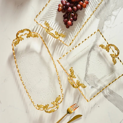 Gold-rimmed Glass Plates, Luxury Fruit Plates, Snacks, Cakes, Snacks, Bread Tray, Binaural Glass Plates, Rectangular Trays.