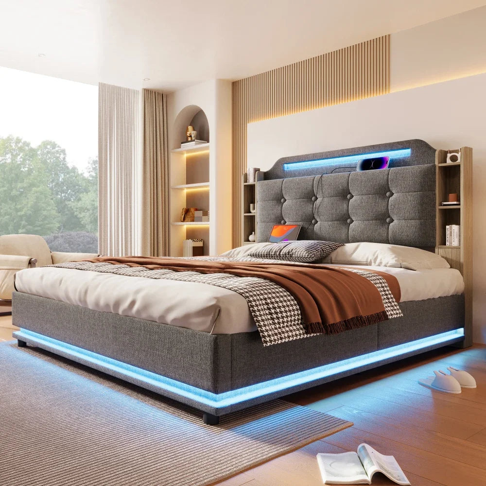 140*200cm Polsterbett mit LED-Lichtleiste und mehreren Ablagefächern, für Schlafzimmerwäsche, Beige (ohne Matratze)