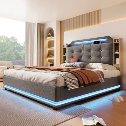 140*200cm Polsterbett mit LED-Lichtleiste und mehreren Ablagefächern, für Schlafzimmerwäsche, Beige (ohne Matratze)