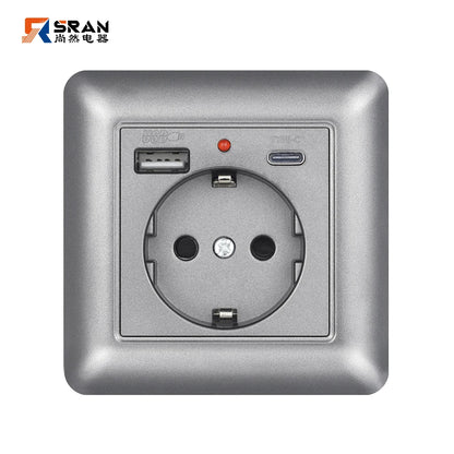 SRAN USB-Wandsteckdose, 20 W, schnelles Laden und 5 V, 2 A, EU-Standard, 82 x 82 mm, flammhemmendes PC-Panel, USB-Typ-C-Kombination