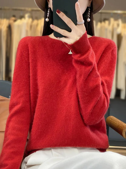 100% Merino Wool Sweater Women O-neck Cashmere Knitwear Female Pullover Autumn Winter Casual Tops Solid Color Soft  Clothing