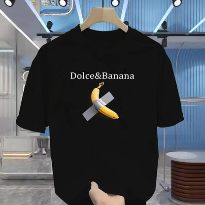 100% pure cotton banana print slimming for men in summer, suitable for casual round-neck short-sleeved T-shirt tops.