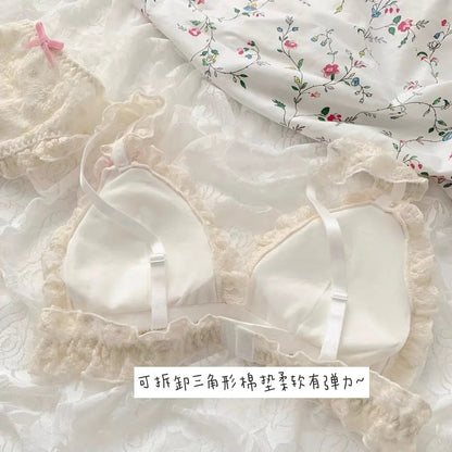 Japanese girl underwear female sweet cute pure desire without underwire bow lace edge thin bra set.