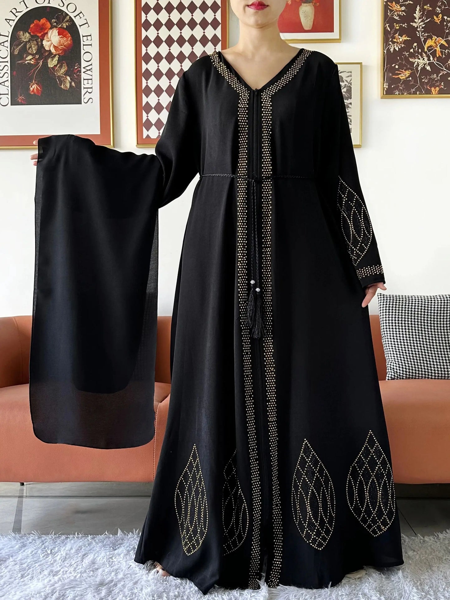 Elegant Women's Party Dress Chiffon Loose Open Zipper Abaya Muslim Islamic Clothing Cardigan Style for Special Occasions.