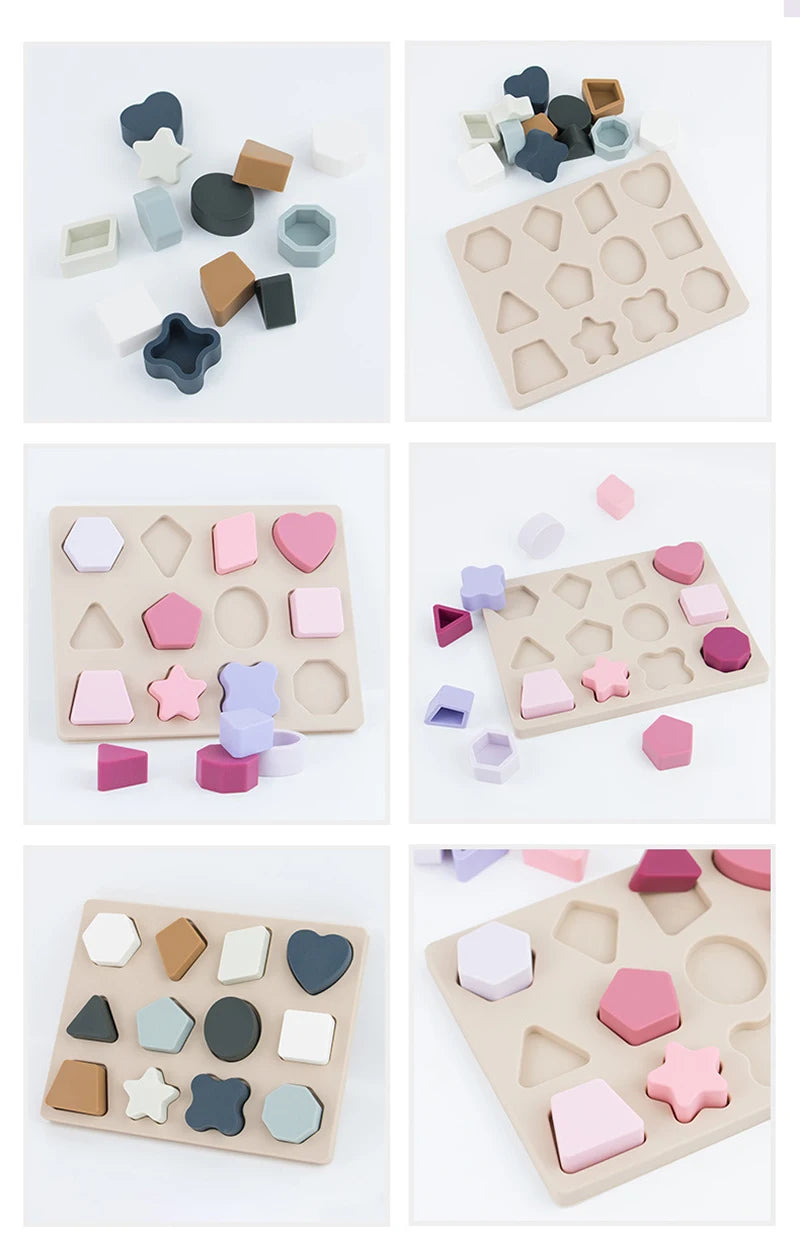 Montessori Baby Puzzles Silicone Toys Geometric Shape Jigsaw Board Matching Games Educational Learning Toys Food Grade Silicone.