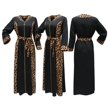 Elegantes arabisches Frauen-Partykleid, afrikanischer V-Ausschnitt, Leopardenmuster, langärmelig, Abaya, modische muslimische Dame, Urlaubskleid, islamische Kleidung