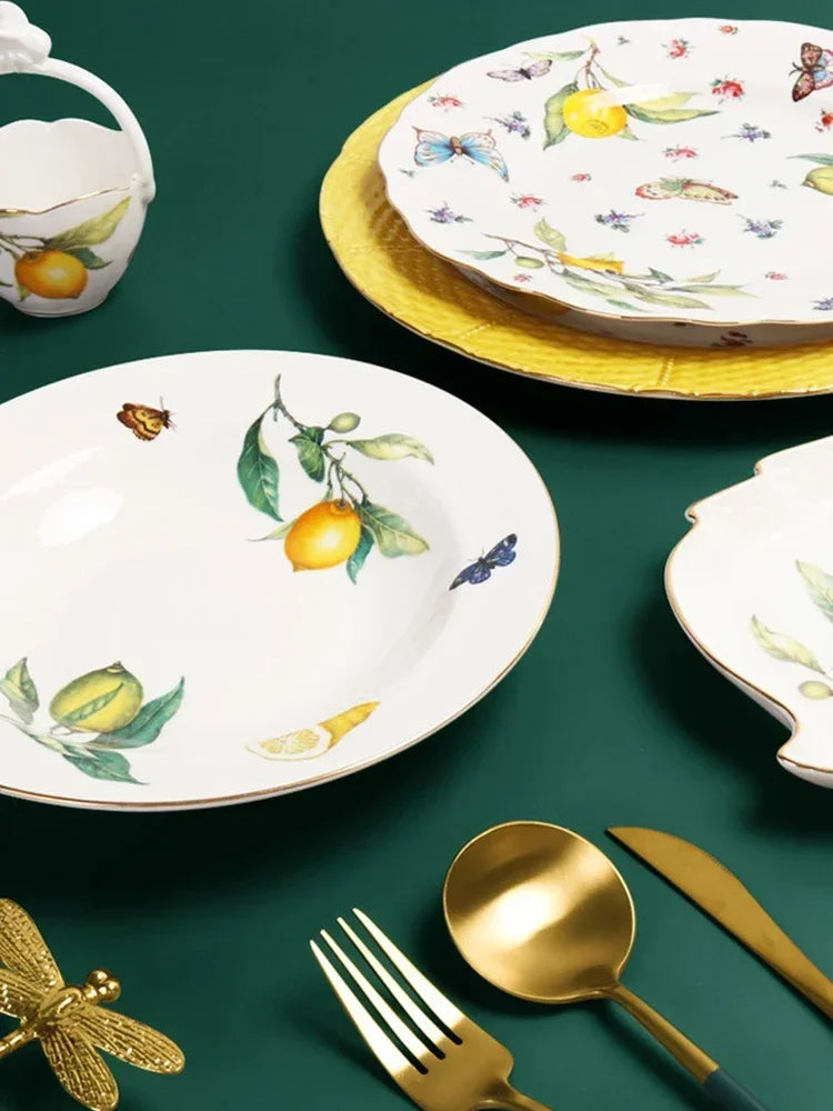 Europeanc Style Ceramic Dining Plate Elegant Lemon Pattern Dinner Steak Plate Coffee Cup Set Western Cuisine Dessert Plate.