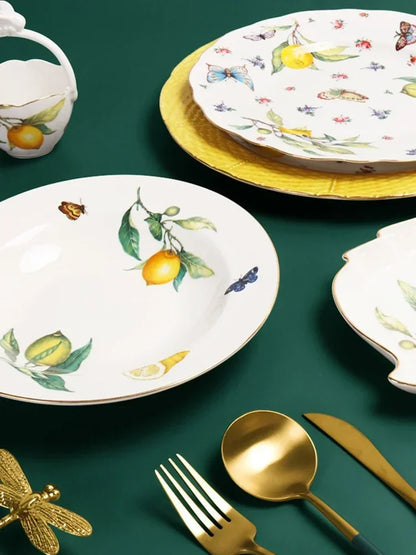 Europeanc Style Ceramic Dining Plate Elegant Lemon Pattern Dinner Steak Plate Coffee Cup Set Western Cuisine Dessert Plate.