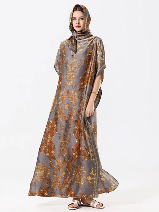 New Malaysian Muslim Print Dress Women Loose Arabic Long Maxi Dress Summer Sunscreen Cool Abaya Beach Hijab Dress Plus Size.