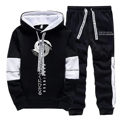 Japanese Fashion Hoodies Sweatpants Men's Hooded Long Sleeved Tracksuit 2pcs Set Harajuku-style All Season Casual Sporty Outfits.