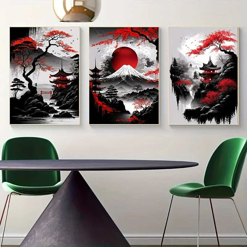 3pcs Frameless Japanese Natural Landscape Canvas Painting Black And Red Posters Vintage Ink Art Wall Prints For Living Room Home.