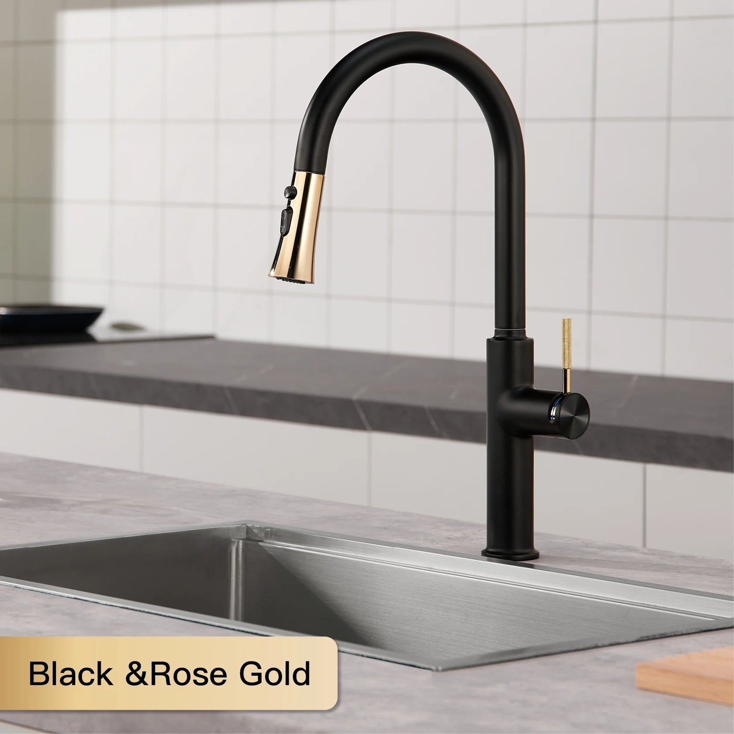 Luxury brushed gold kitchen faucet with pull-out design, 1-hole single handle cold and hot dual control dual function sink Tap