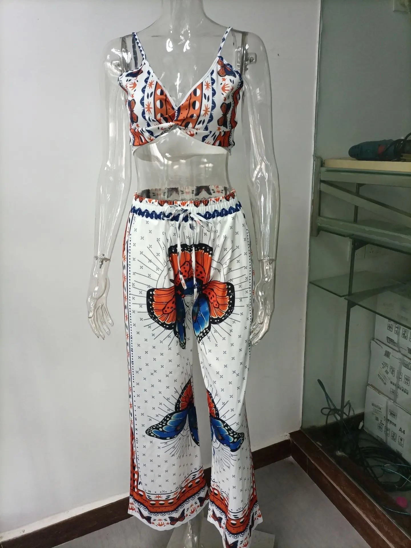 Sexy Two Piece Set Women Outfit 2025 Summer Butterfly Print V-Neck Cropped Top High Waist Drawstring Casual Wide Leg Pants Sets.