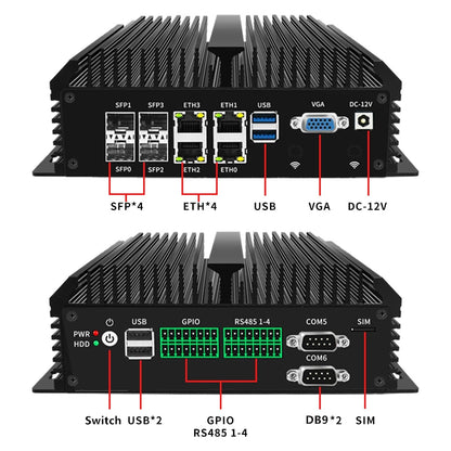 Fanless Mini Industrial PC Desktop Computer Atom C3758 4x10G SFP+ 4*LANs 4x Phoenix RS485 COM 2xDB9 RS232/485 COM Auto Power On.