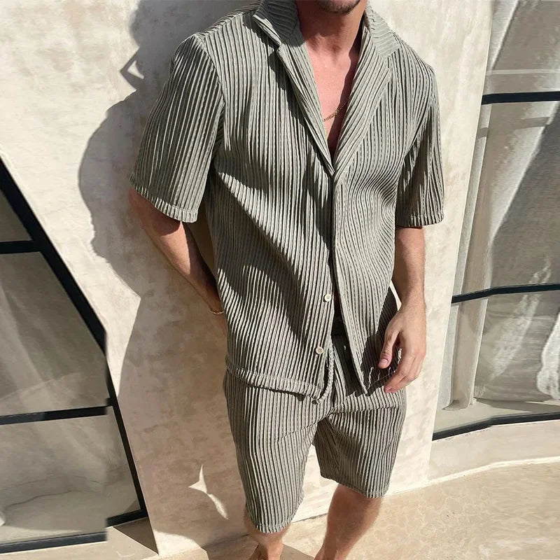 Men Sets Summer Casual Short-sleeved Shirt Shorts Fashion Striped Suit Male Two-piece Set Tracksuit Ropa Para Hombre.