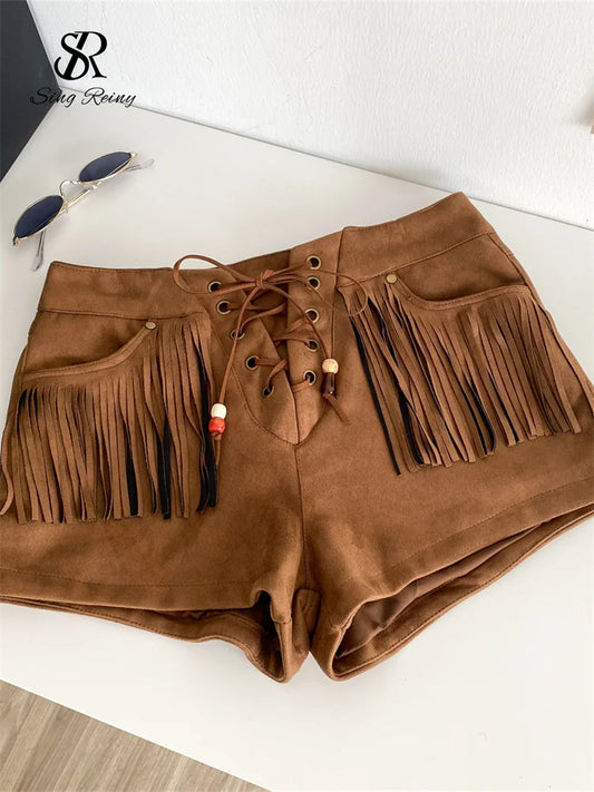 SINGREINY Vintage Streetwear Women Shorts High Waist Bandage Tassels Design Solid Shorts 2025 Fashion Bohemian Wide Legs Shorts.