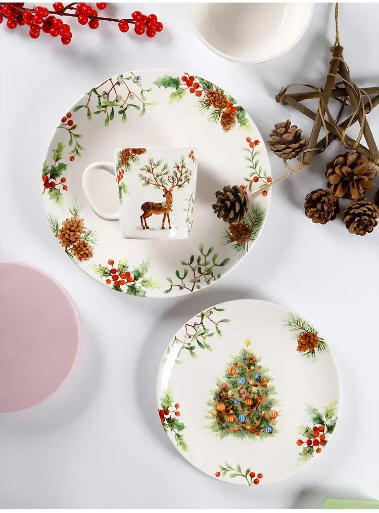 Christmas Tree Ceramic Plate European Style Tableware Coffee Mug Dinner Plates Fruit Snack Western Dishes Kitchen Christmas Gift.