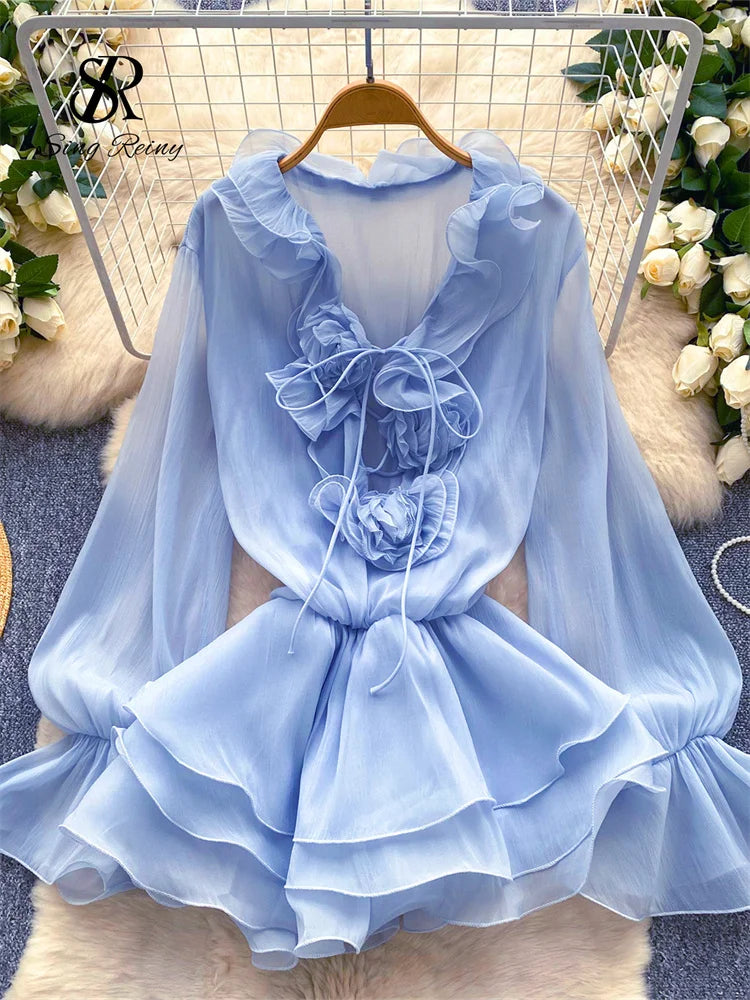 SINGREINY 3D Floral Strand Kurzes Kleid Weibliche Lange Ärmel Spitze Up Rüschen Chiffon Kuchen Sommerkleid Sheer Sexy Vintage Bohemian Kleid.