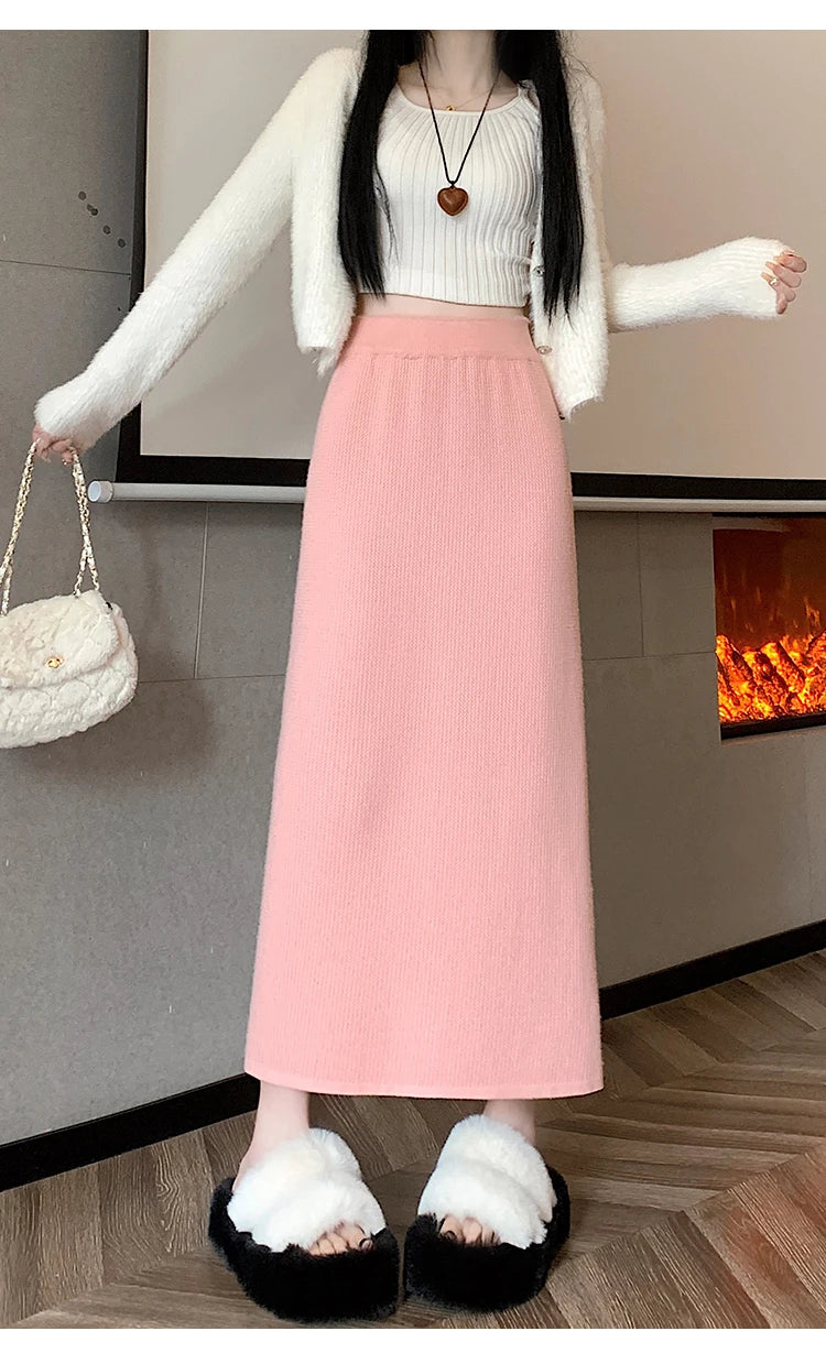2025 New Thick Knit Midi Skirt High Waisted Straight Hem Bodycon Pencil Skirts for Petite Women Cozy Fall Winter Fashion