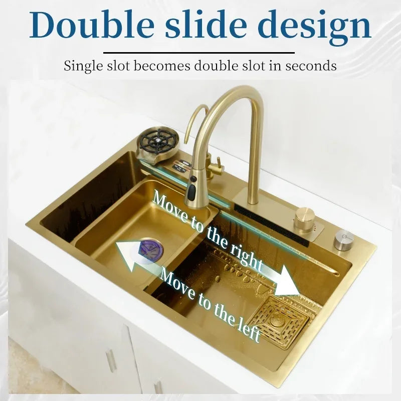 Waterfall Kitchen Sink Gold 304 Stainless Steel Modern Multifuctional Large Sink  Above Counter Apron Front Installation