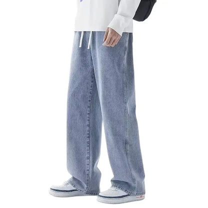 2025 New Korean Men's Casual Long Jeans Classic Man Straight Denim Wide-leg Pants Gyms Solid Color Light Blue Grey Black M-3XL.