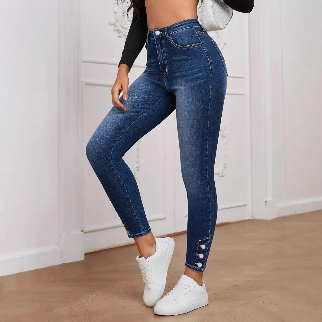 New 2025 Women's Slim Fit Elastic Jeans Nine-Piece Buttoned Bootcut Denim Pants Mid Waist Small Foot/Pencil Jeans.