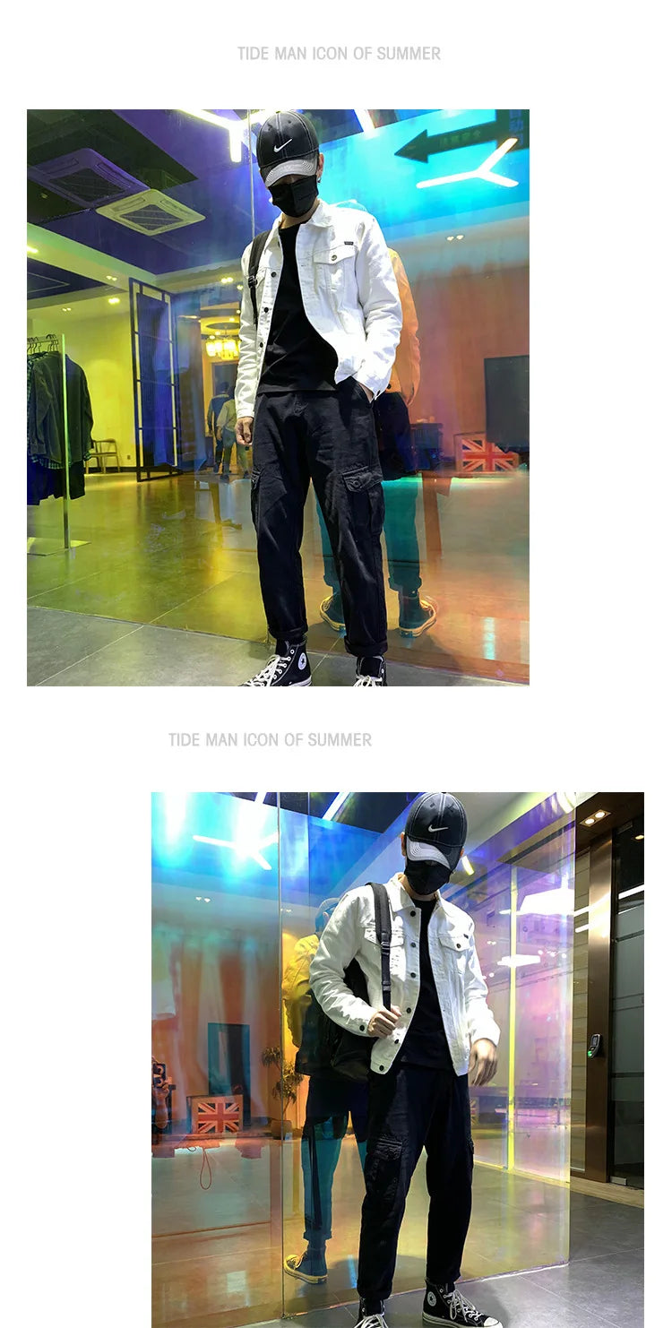 Men's Denim Jacket Spring Autumn White Casual Slim Fit Korean Style Workwear Coat Streetwear Fashion Male Outerwear Jackets.