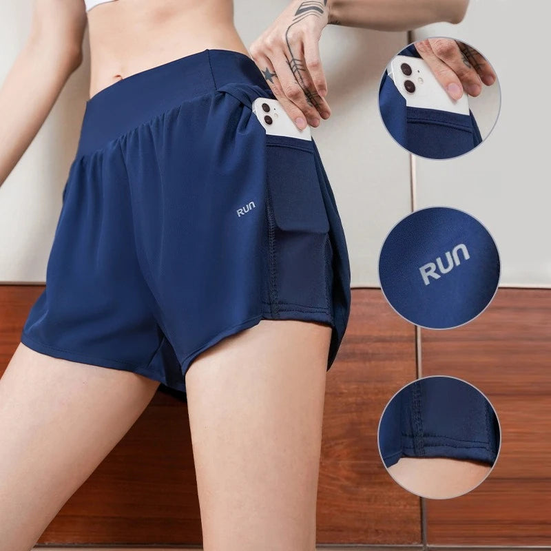 Women Yoga Pocket Shorts Fake Two Piece Anti Peek Shorts High Elastic Loose Fashion Casual Gym Trainning Three Point Pants