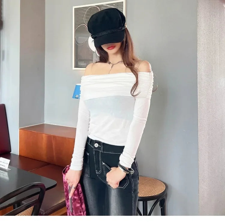 Korean Dongdaemun Spring Summer New Style Elegant One Shoulder Pleated Thin Long Sleeve Slimming Fit Cotton T-Shirt.