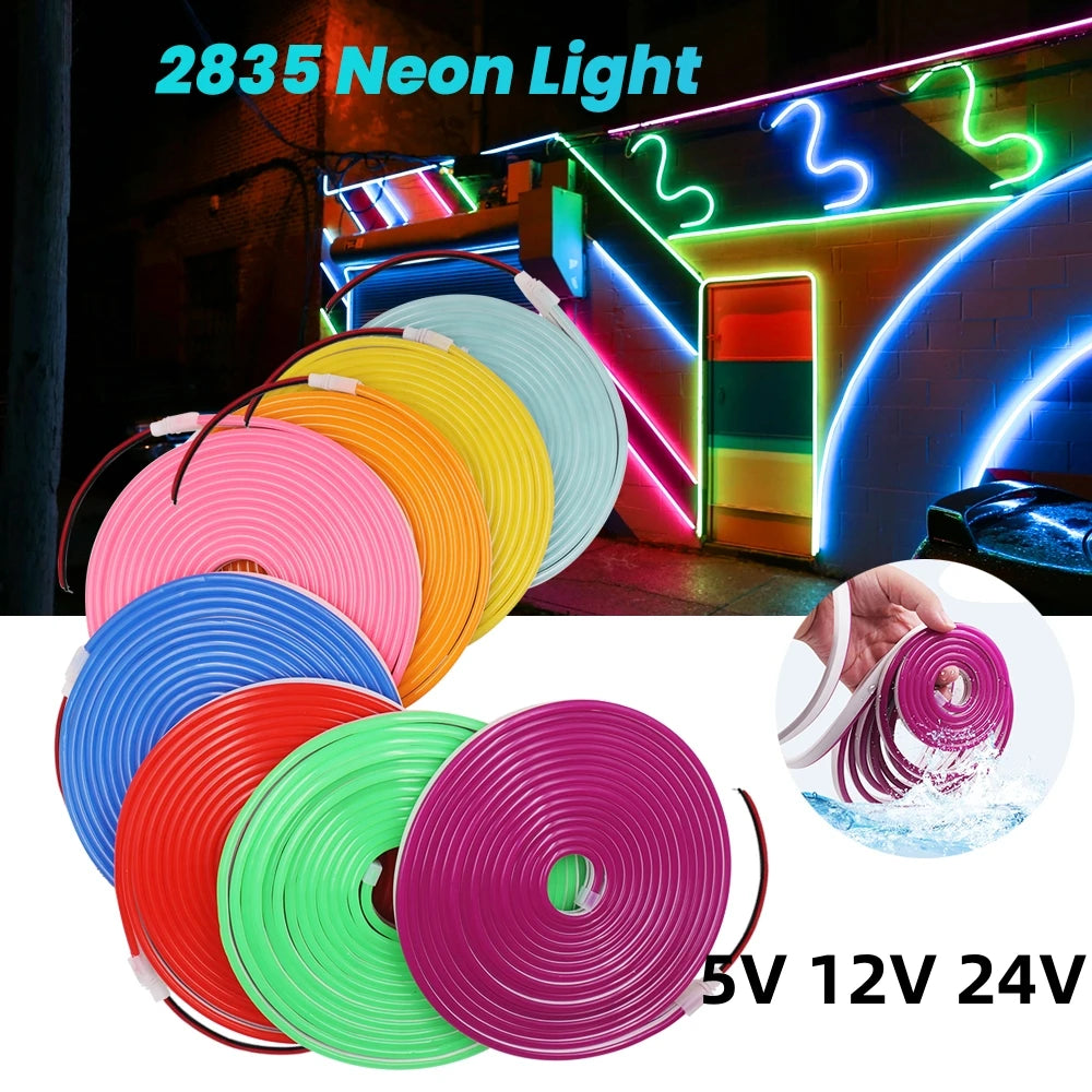 5V 12V 24V Neon LED Strip With 2Pin Wire 120LEDs/M IP67 Silicon Tube Bar Lamp Soft Flexible DIY Light Sign Rope 3000K-6500K.