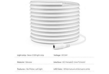 24V COB Neon Strip Light 280LEDs/M Solid Silicone Gel Tube With Dimmable Touch & Hand Sweep Motion Sensor Switch Waterproof Tape.