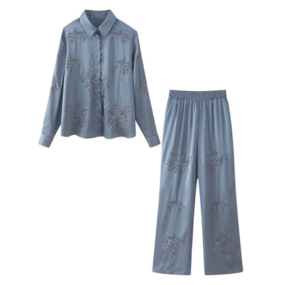 Summer New Product Women's Style Flip Collar with Beaded Embroidered Shirt, High Waist Straight Leg Pants Set