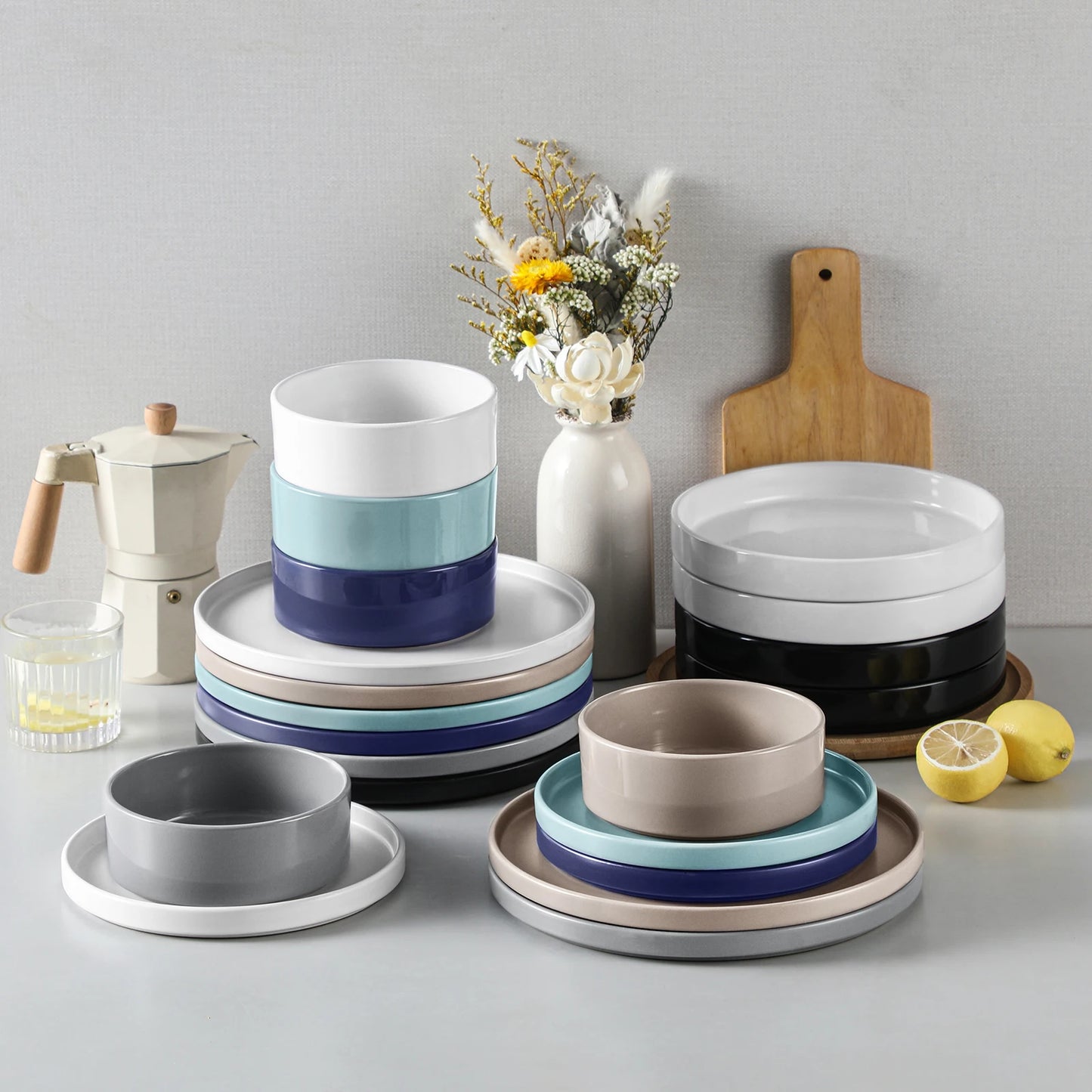 VANCASSO 6Piece Beige/WHITE/BLUE/Dark Blue/GREY/Black Stoneware Tableware Set with Dinner/Dessert Plate/Bowl For 6 Person.