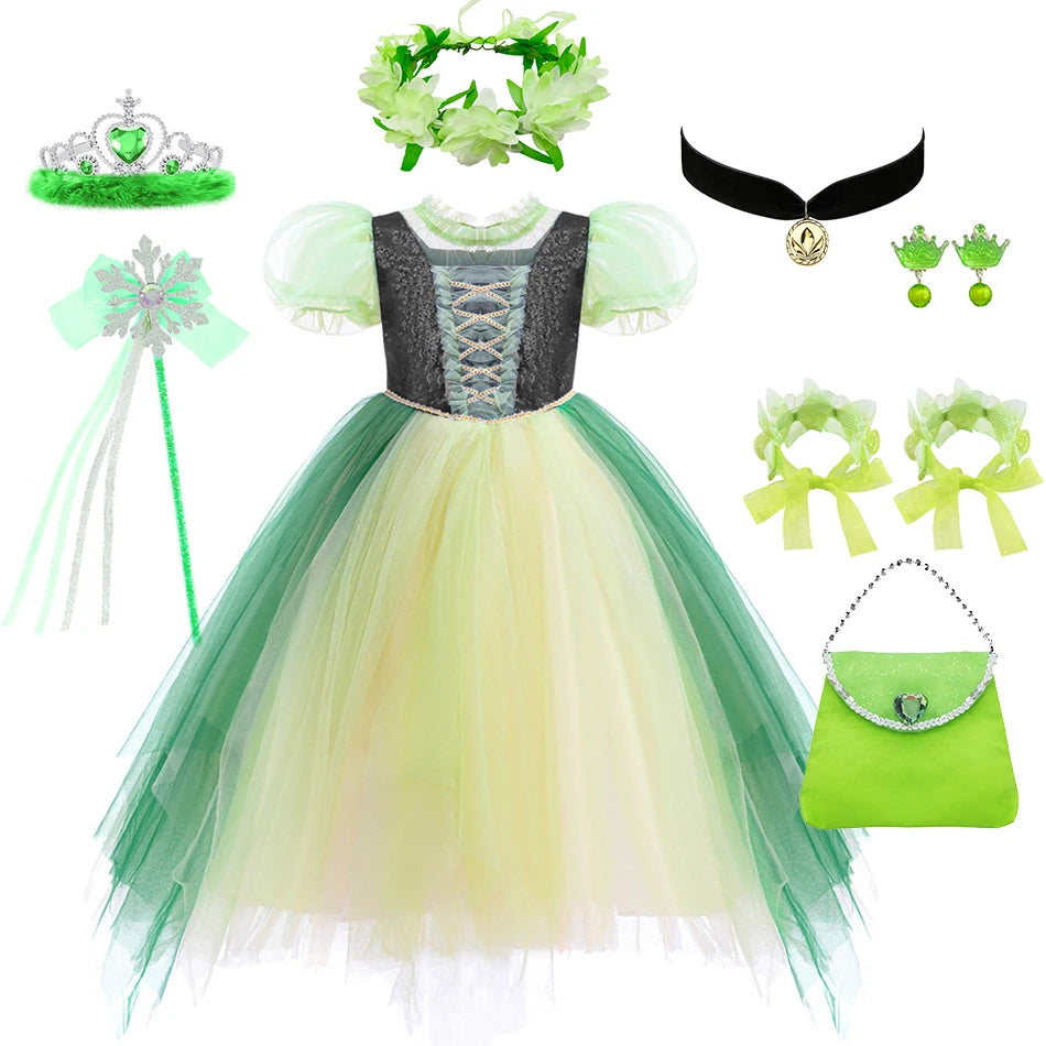 Anna Grünes Kleid Mädchen Spitze Tüll Elegantes Kleid Kinder Bühnenshow Prinzessin Kostüm Kinder Purim Cosplay Kleidung
