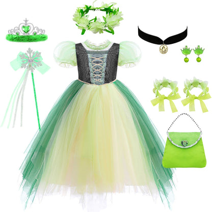 Anna Grünes Kleid Mädchen Spitze Tüll Elegantes Kleid Kinder Bühnenshow Prinzessin Kostüm Kinder Purim Cosplay Kleidung