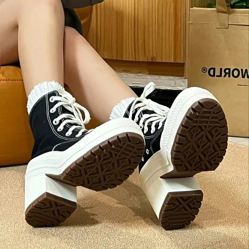 Women Platform Sneakers Luxury Brand  Women Boots Fashion Outdoor Skateboard Shoes Women High Top Canvas Sneaker Plus Size 36-42.