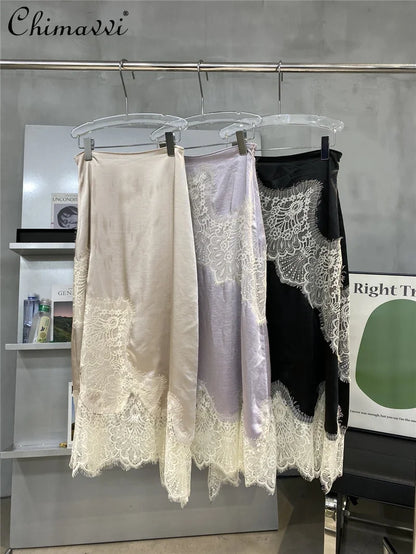 High-End Retro Satin Lace Stitching Skirt Women's 2024 Summer High Waist Slimming Court Style Temperament Mid-Length Skirt.