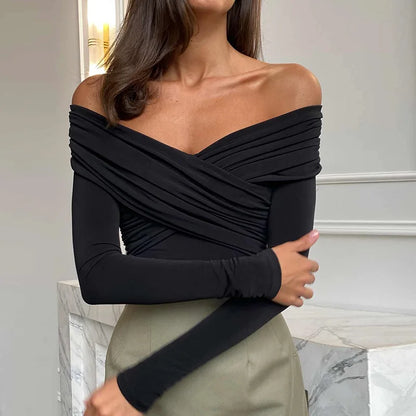 Sexy Off Shoulder Bodysuits Women Fashion Black Crossed Folds Skinny Rompers Long Sleeve Fashion Streetwear Autumn Bodysuits New