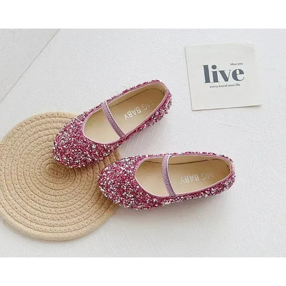 2025 Spring 1 to 12 years old girls dress shoes Beauty Pointed Toe Teen Girl Leather Shoes Bling Princess Wedding Shoes.