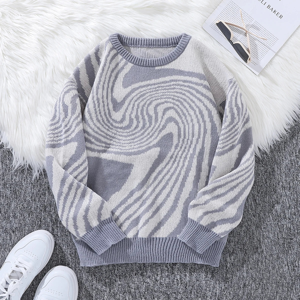 New Popular Street Ripped Abstract Starry Sky Pattern Pullover Ripped Sweater Casual Round Neck Knitted Men's Pullover.