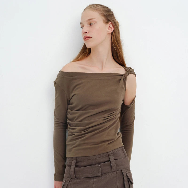 CUTENOVA Fall Outfits Women Solid Color One-Shoulder Long-Sleeved Women'S Top Sexy Hollow Out Twisted Casual Chic T-Shirt Female.