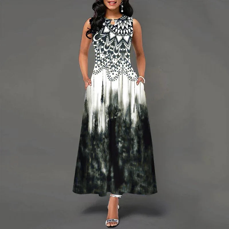 Blumendruck Neues lässiges ärmelloses langes Kleid Damen V-Ausschnitt bedrucktes Kleid Swing Bohemian Retro Kleider