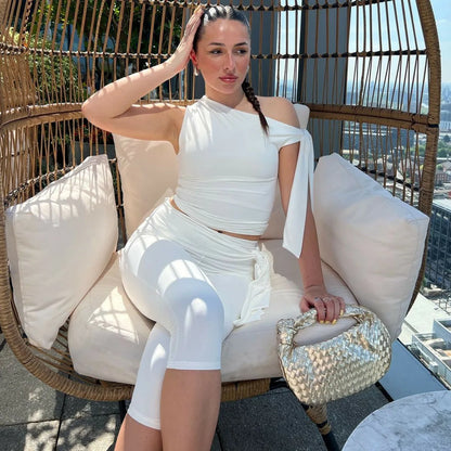 Tossy White Shorts 2 Piece-Set Female See-Through Slim Pleated Fashion Cropped Top And High Waist Shorts Sets Women's Outfits