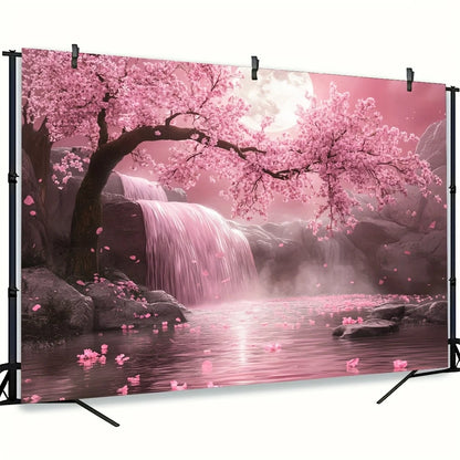 1pc Cherry Blossom Backdrop with Pink Sakura Tree & Waterfall Scene - Vibrant Polyester Fabric Wall Art for Living Room, Outdoor.