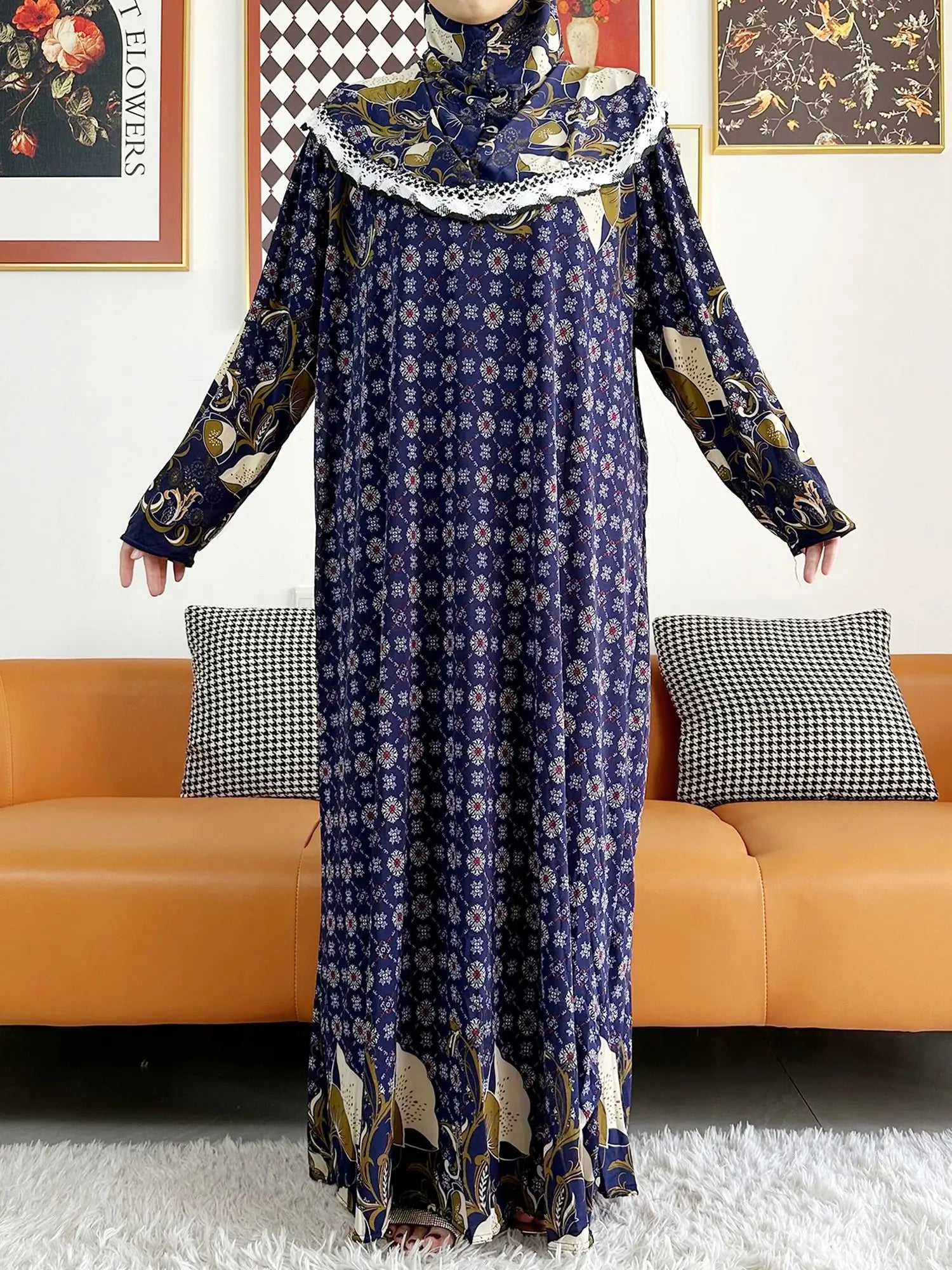 2023 Muslim Solid Cotton Abaya For Women Ramadan Prayer Garment Joint Hat Dubai Turkey Middle East Femme Robe Floral Loose Dress.