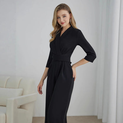 Elegant Pure Color V-Neck Sleeveless Wide Leg Jumpsuit Women's Spring Autumn Fashionable Comfortable Polyester One-Piece Suit.