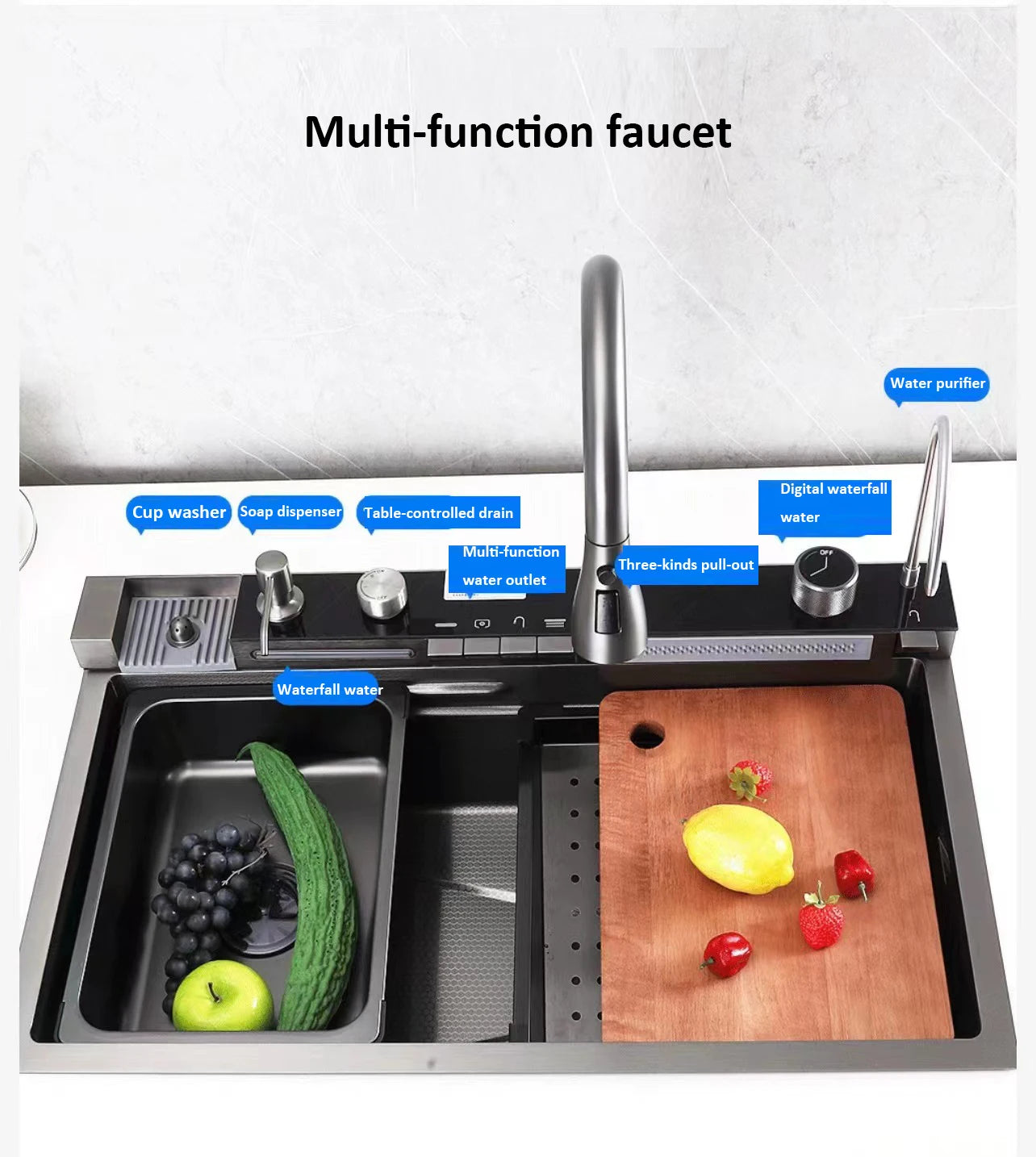 Whale sink kitchen single bowl nano black honeycomb LED digital display flying rain stainless steel large single bowl sink