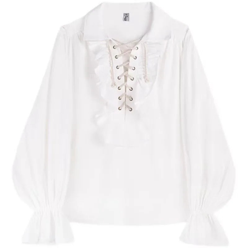 Pirate Shirt for Men Vintage Gothic Renaissance Style Frilled Lace-Up Medieval Buccaneer Blouse Top for All Seasons