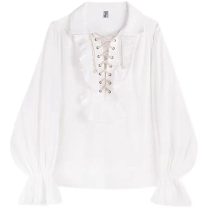 Pirate Shirt for Men Vintage Gothic Renaissance Style Frilled Lace-Up Medieval Buccaneer Blouse Top for All Seasons