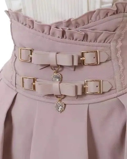 Jirai Kei Sweet Lolita Skort 2024 Summer - Double Bowknot High Waist Short Skirt with Leather Buckle Slim Fit Adjustable Waist.